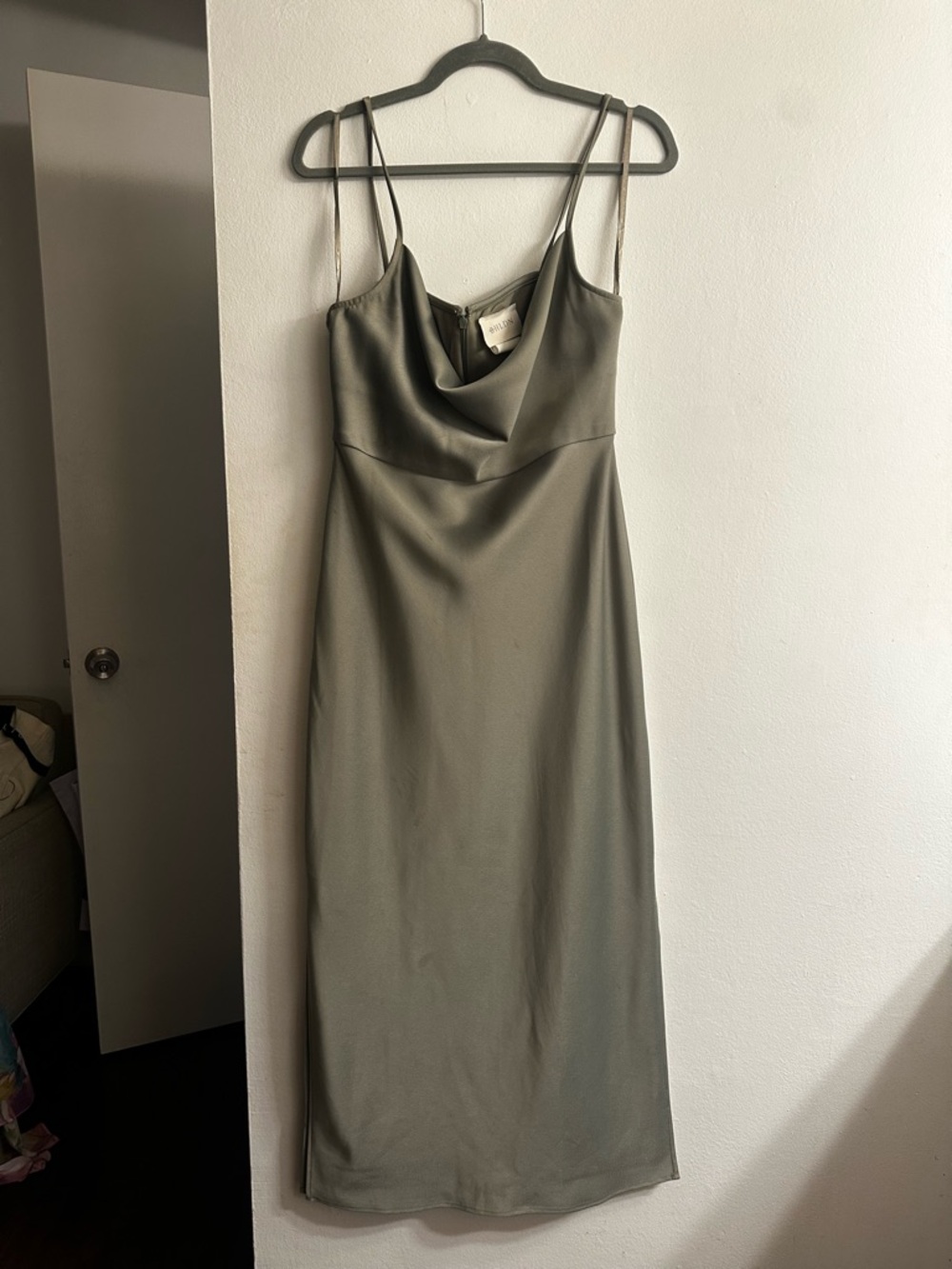 BHLDN Olive Satin Cowl Slip Midi Dress